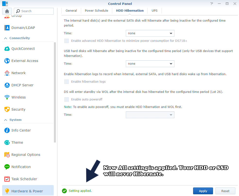 deactivate hibernation synology hdd ssd