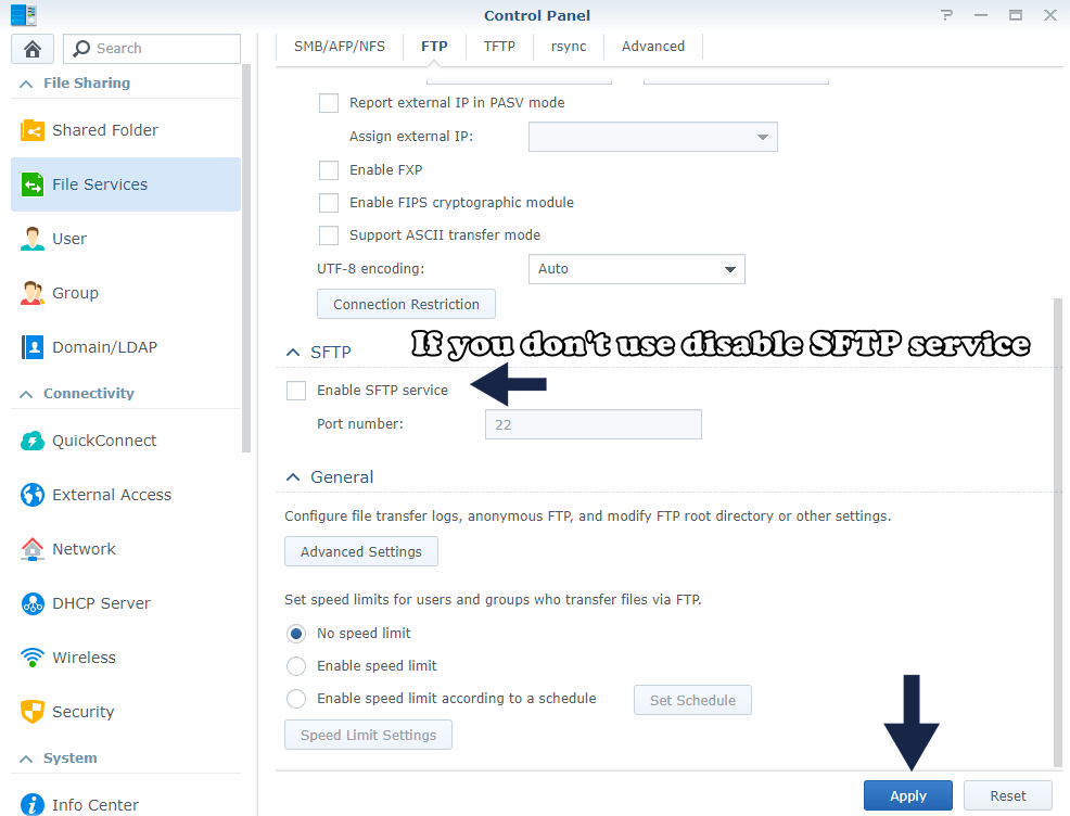 disable sftp service