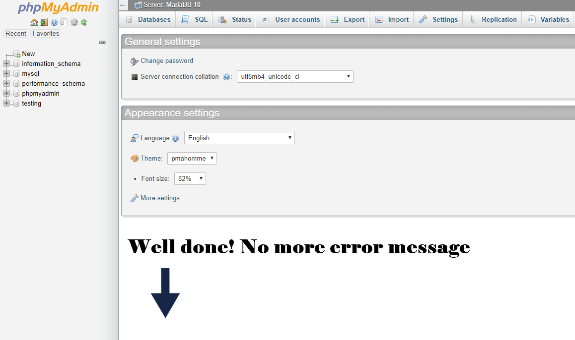 no more error message on phpmyadmin console