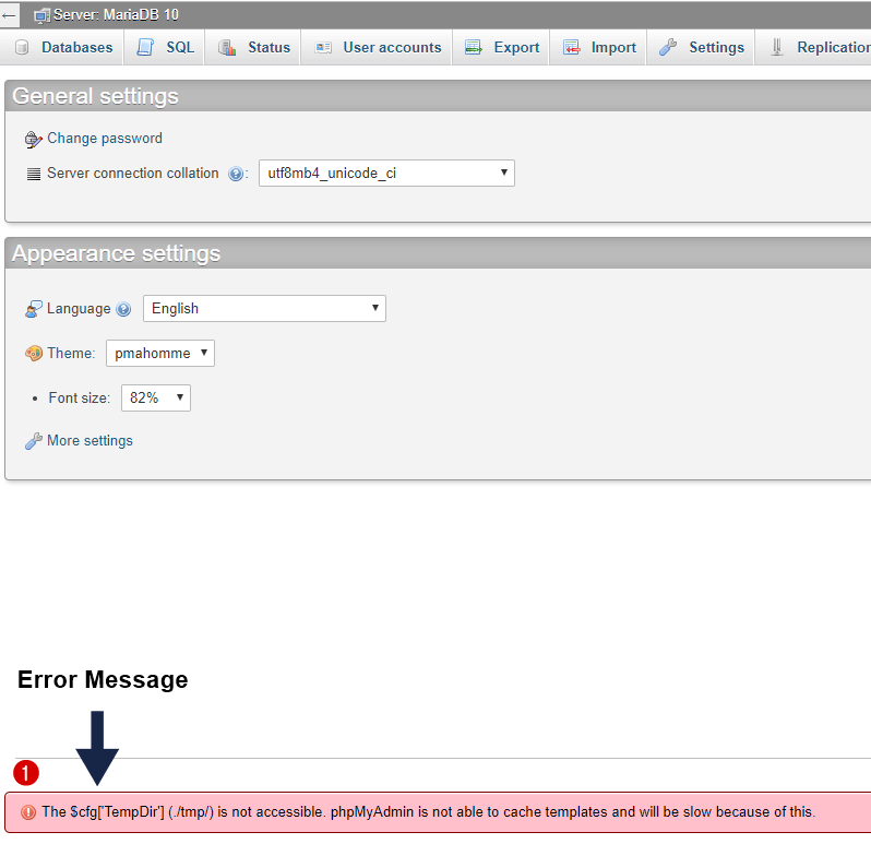 phpmyadmin error message