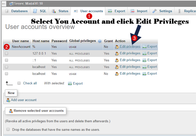 select user account in phpmyadmin and edit privileges