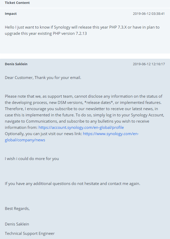synology response ticket php 7.3