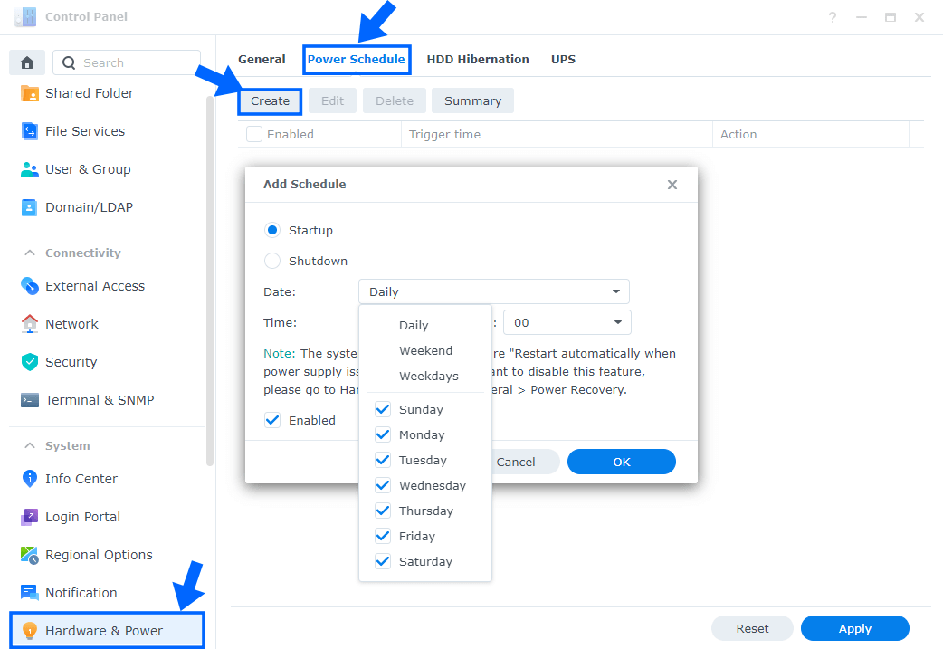 Power schedule Synology NAS DSM 7