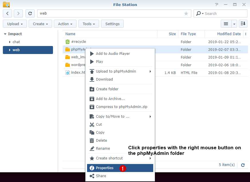 Properties on phpmyadmin folder