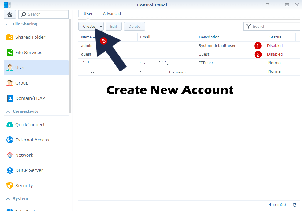 create new user account synology