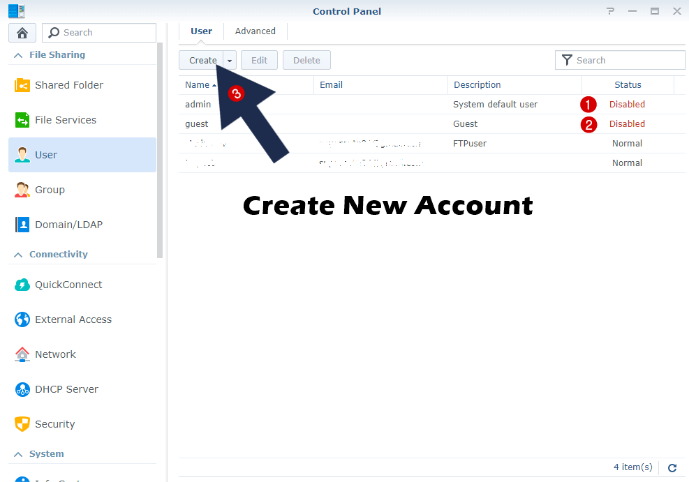 crea un nuovo account utente synology