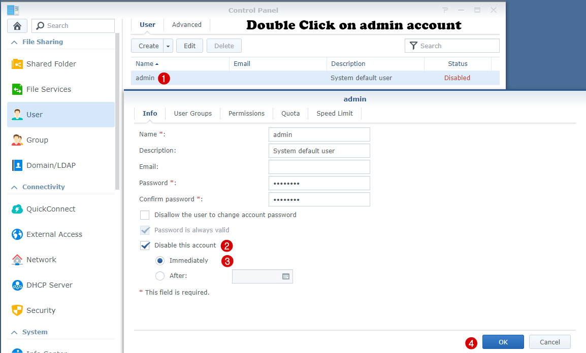 désactiver le compte admin synology