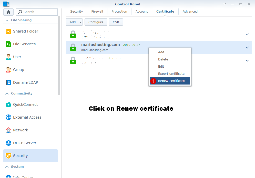 renew https certificate synology step 2