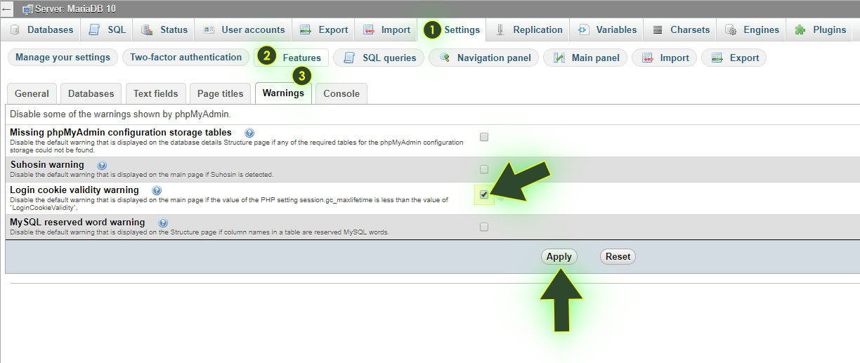 phpMyAdmin control panel