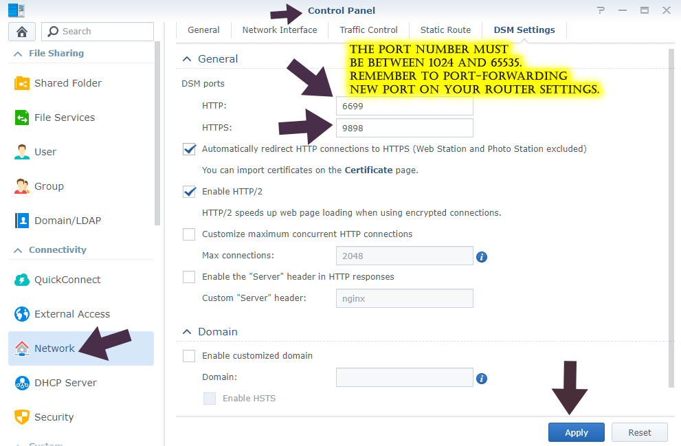 synology change dsm standard port number