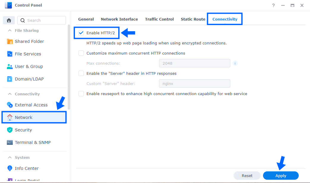 Activate HTTP2 Synology NAS DSM 7