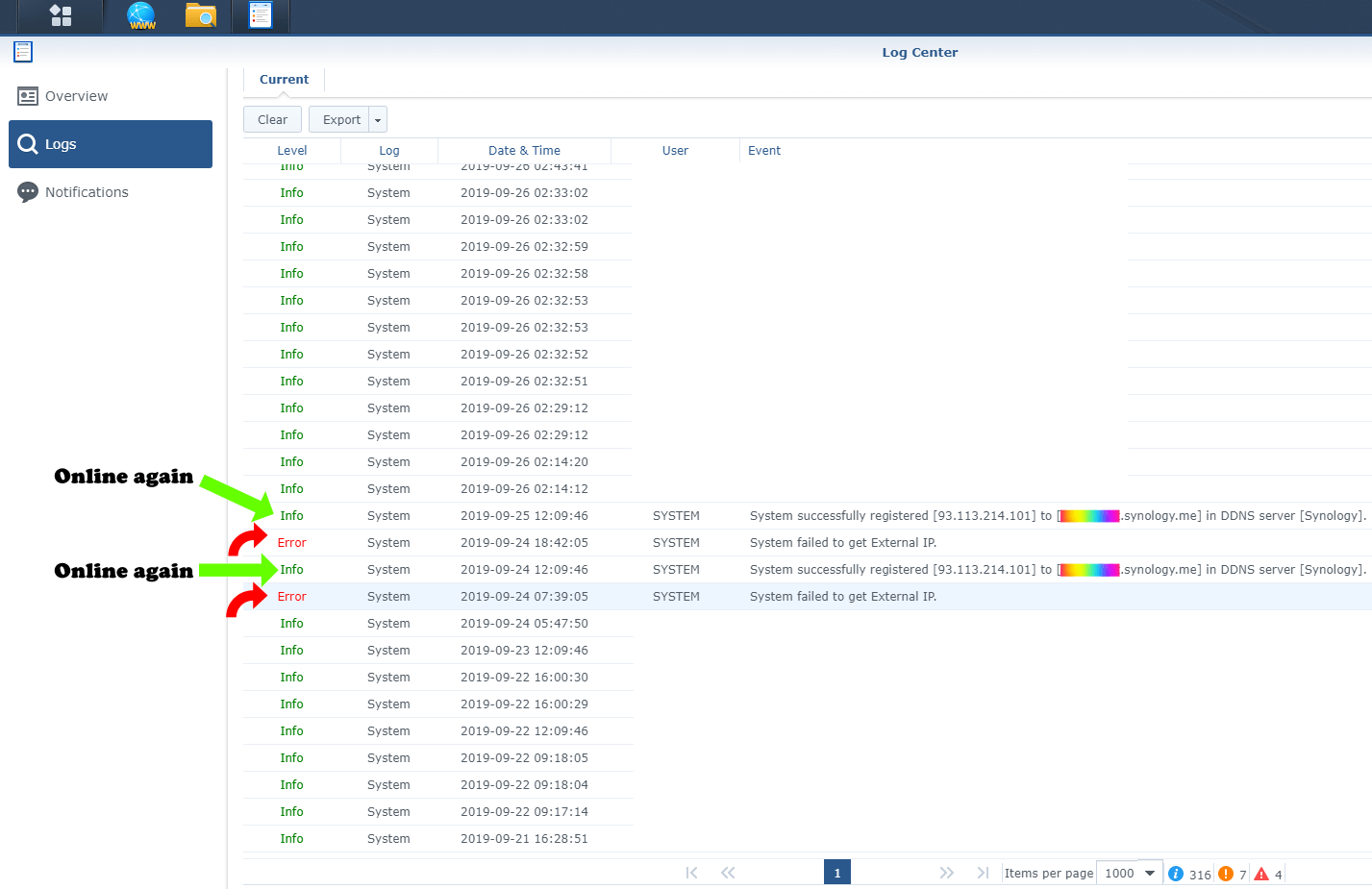 Log Center Synology System failed to get External IP