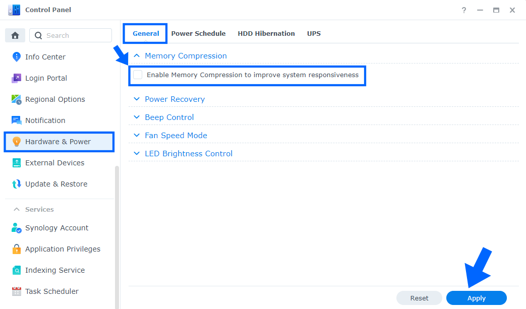 Synology DSM 7 uncheck Memory Compression
