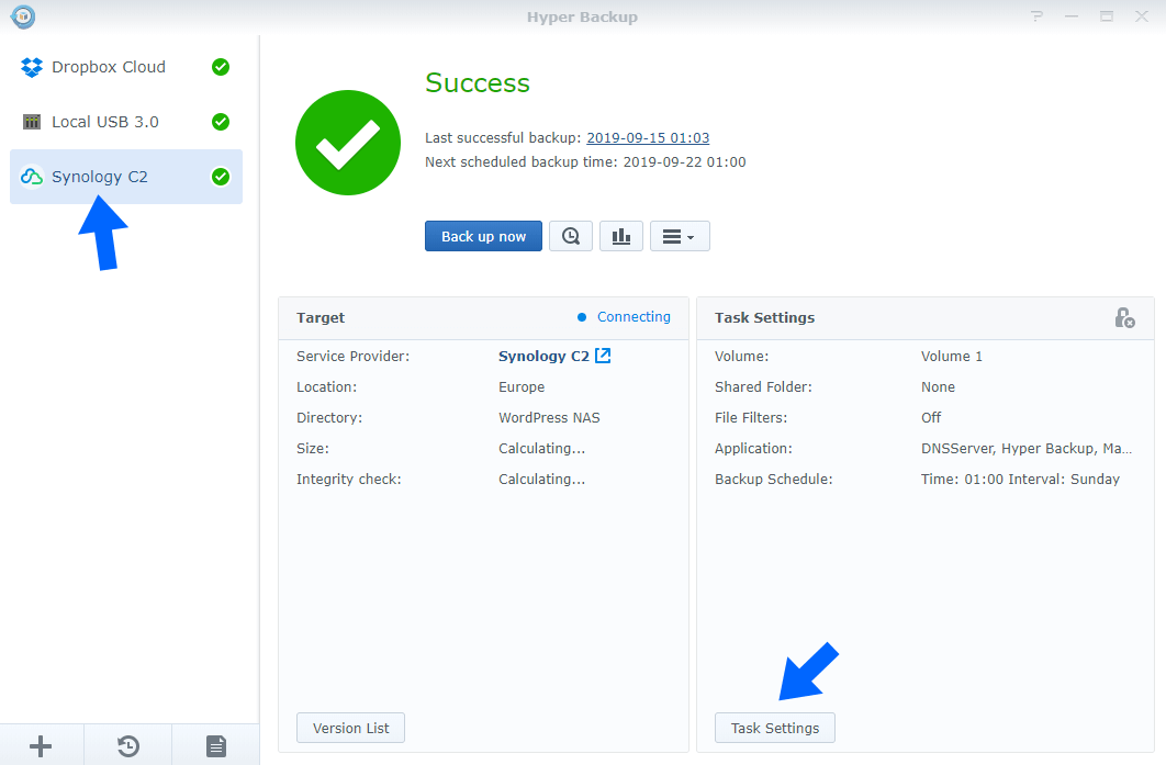 hyper backup task settings