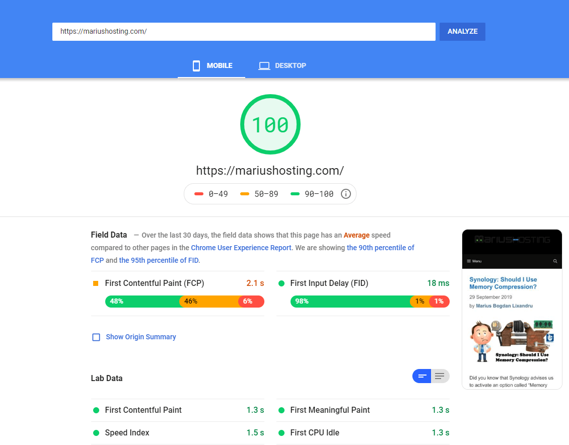 mariushosting pagespeed insights mobile