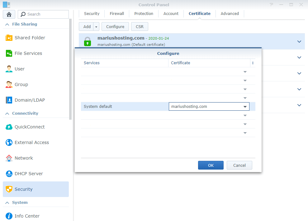 add certificate own domain name synology