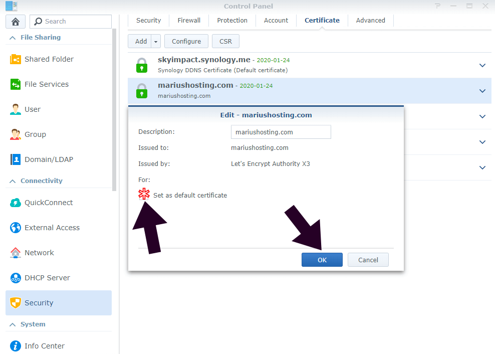 Set as default certificate synology