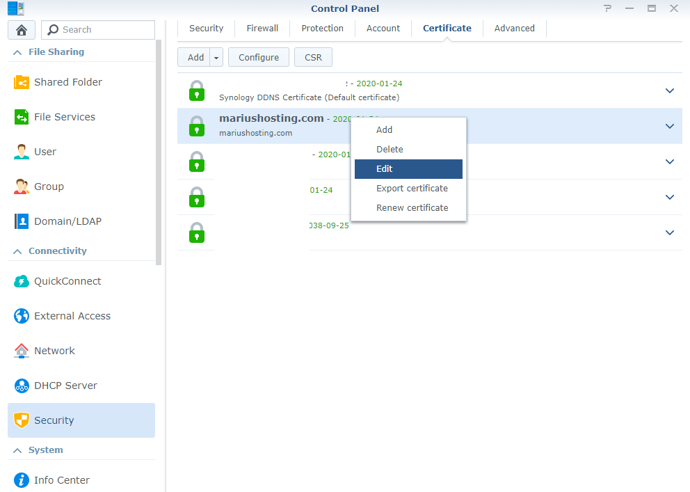 change default certificate synology