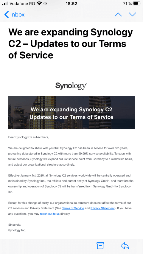 Mail from Synology Synology C2 From Synology GmbH to Synology Inc.