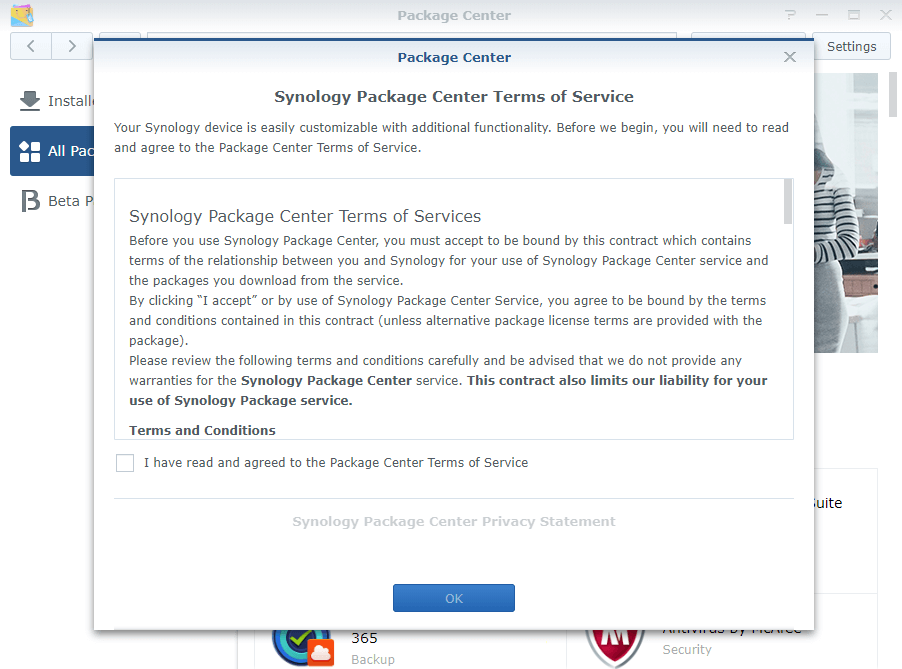 Package Center new terms of service Synology DSM 6.2.3