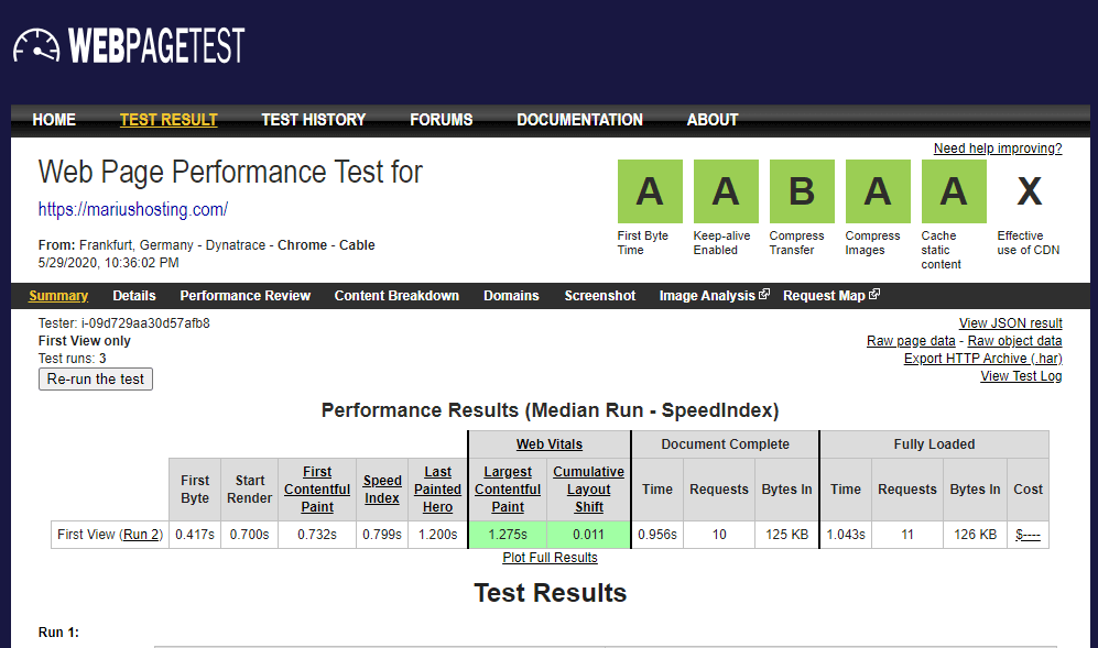 WEBPAGETEST speed test