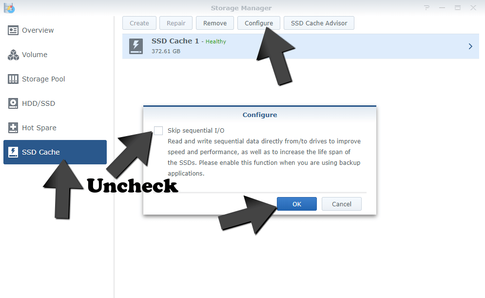 Skip sequential IO Synology NAS cache