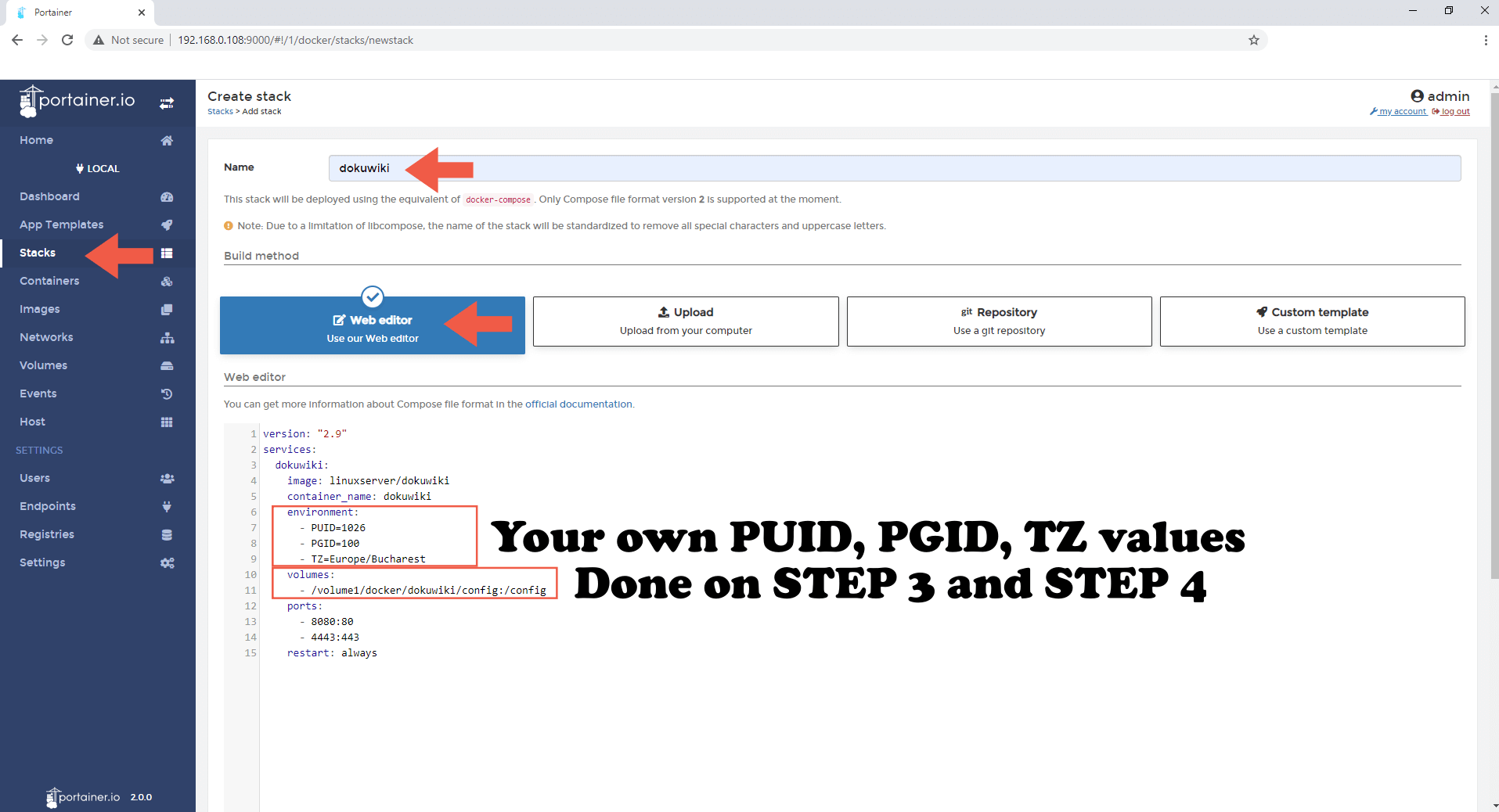 3 Synology NAS DokuWiki Docker container set up