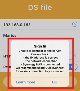Synology DS File iOS 14 Unable to connect to the server