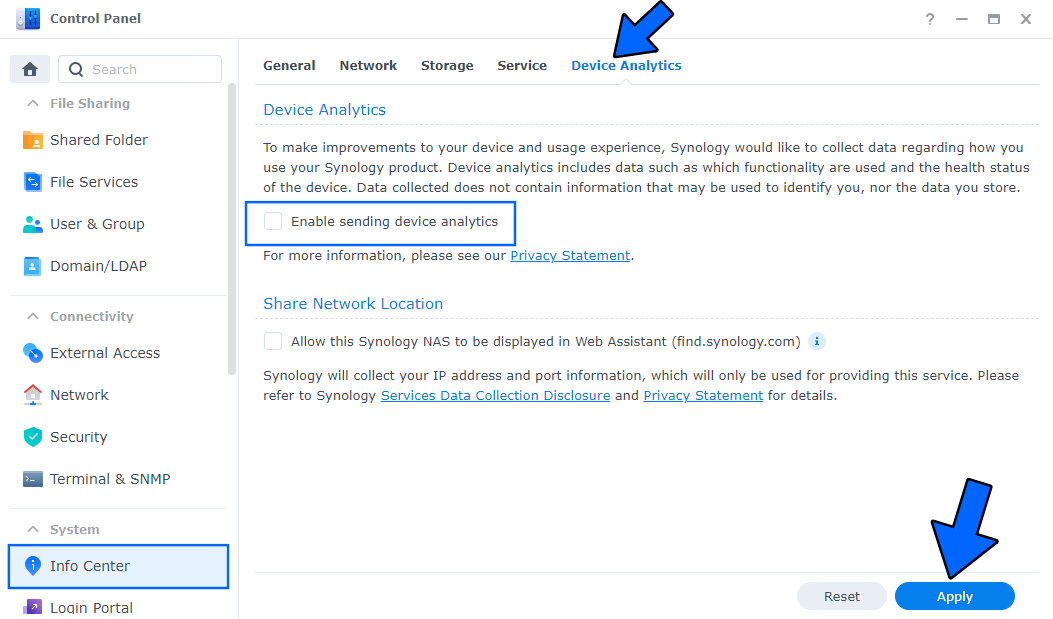 Synology DSM Disable Device Analytics