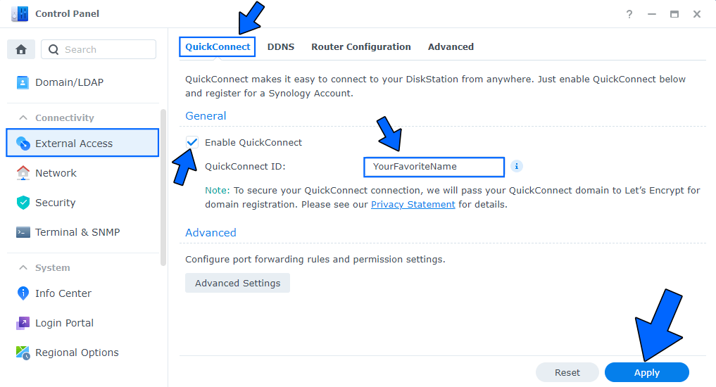 Synology change QuickConnect ID 1 new