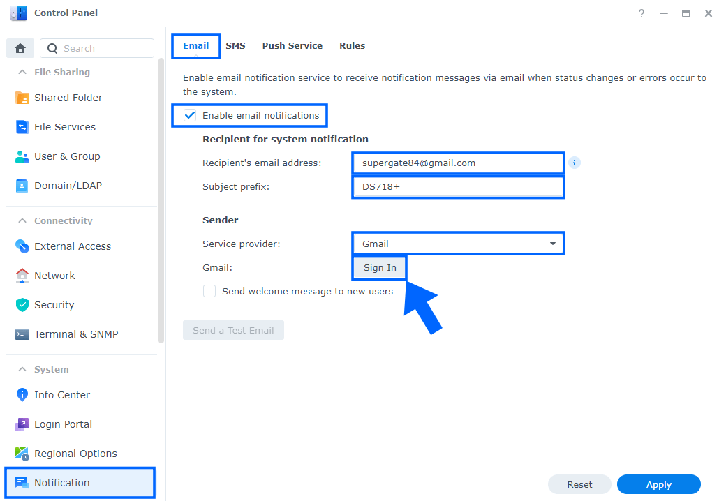 1 Synology NAS enable email notifications