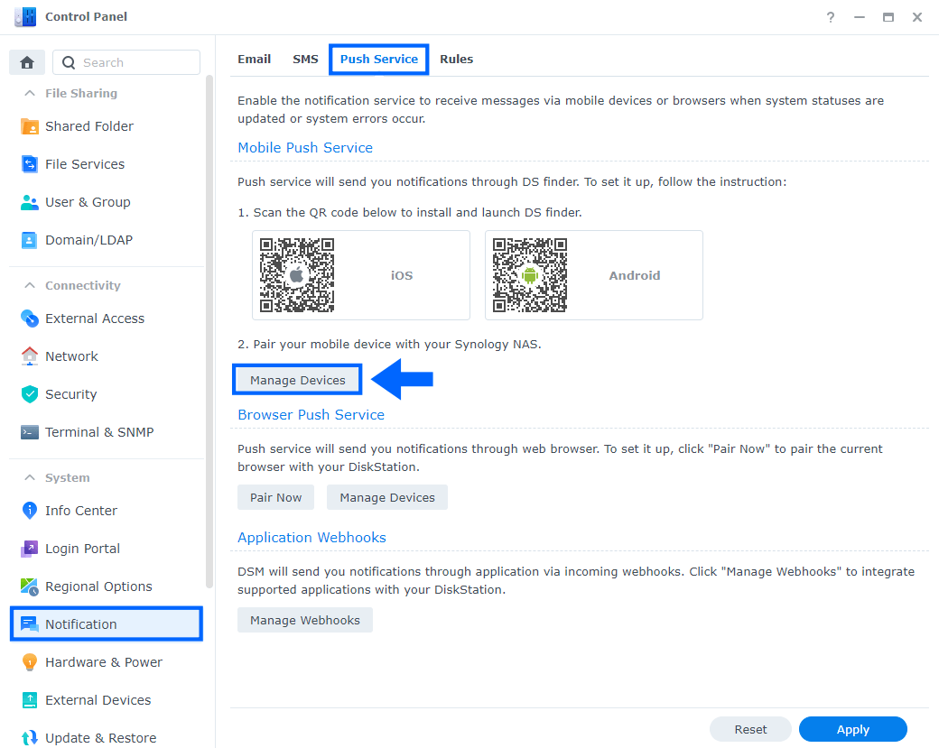 DSM push notifications with webhooks