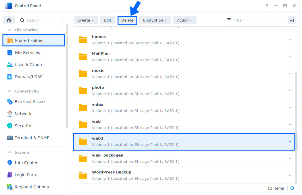 2 Synology Delete Shared Folder in DSM 7