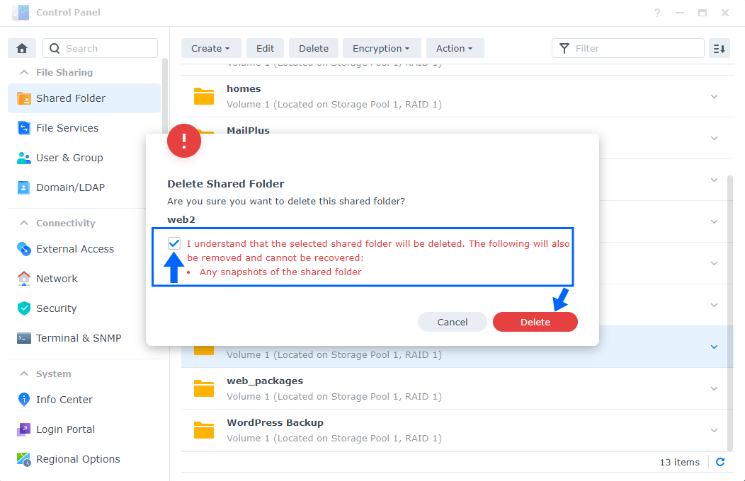 3 Synology Delete Shared Folder in DSM 7