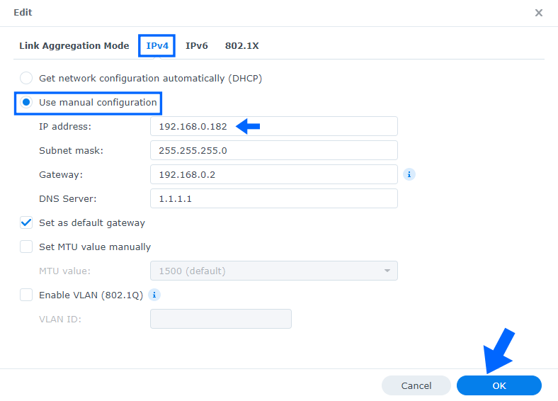 set static ip for synology nas