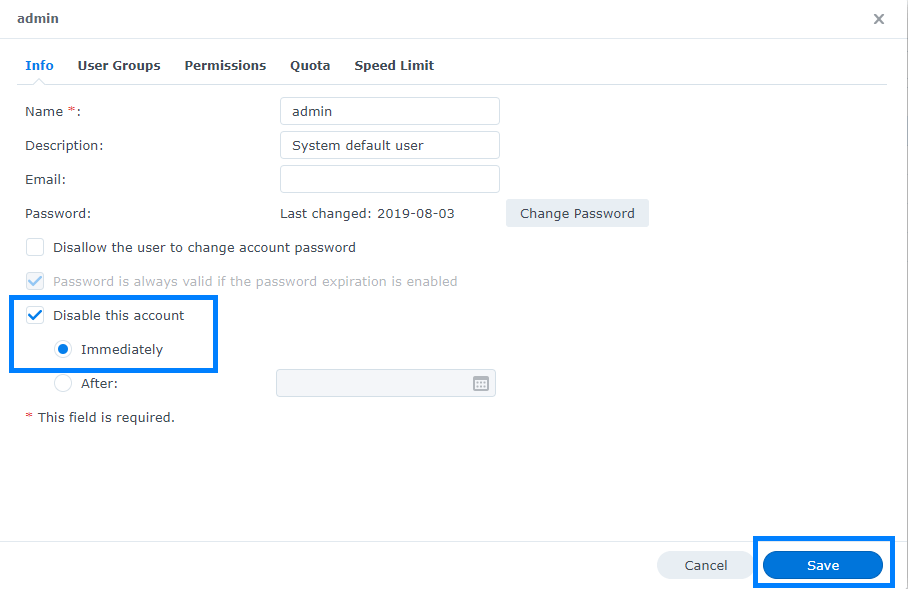 Disable admin account immediately Synology