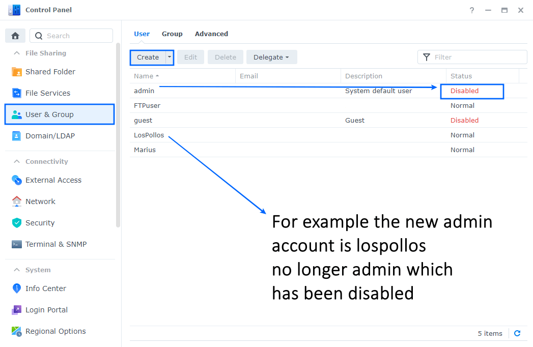 Disable admin account on Synology NAS