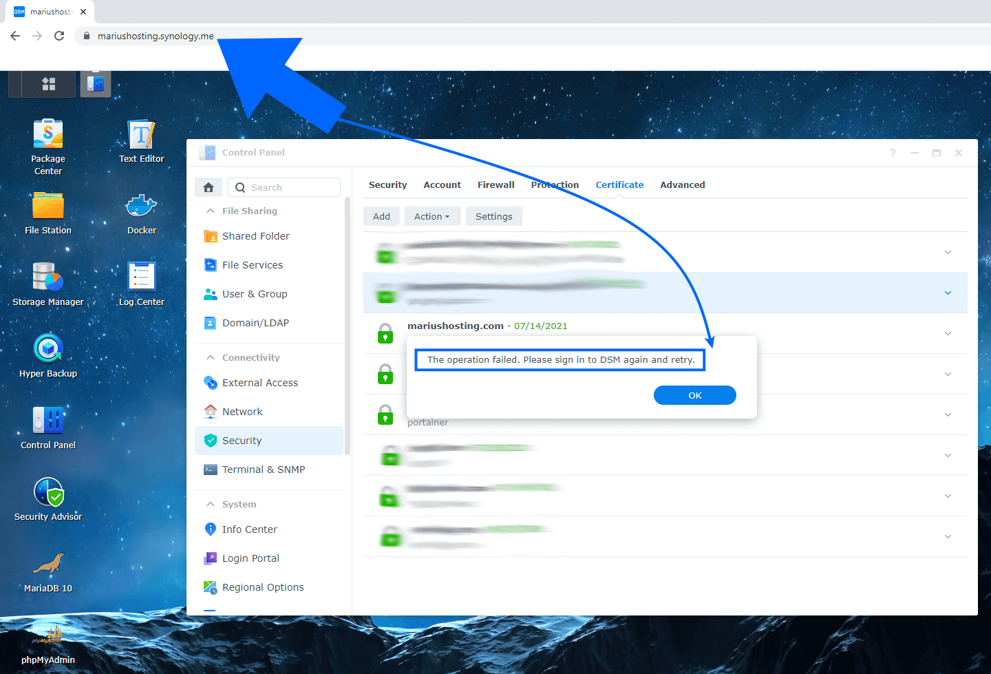 Synology The operation failed. Please Sign in to DSM again and retry. HTTPS 1