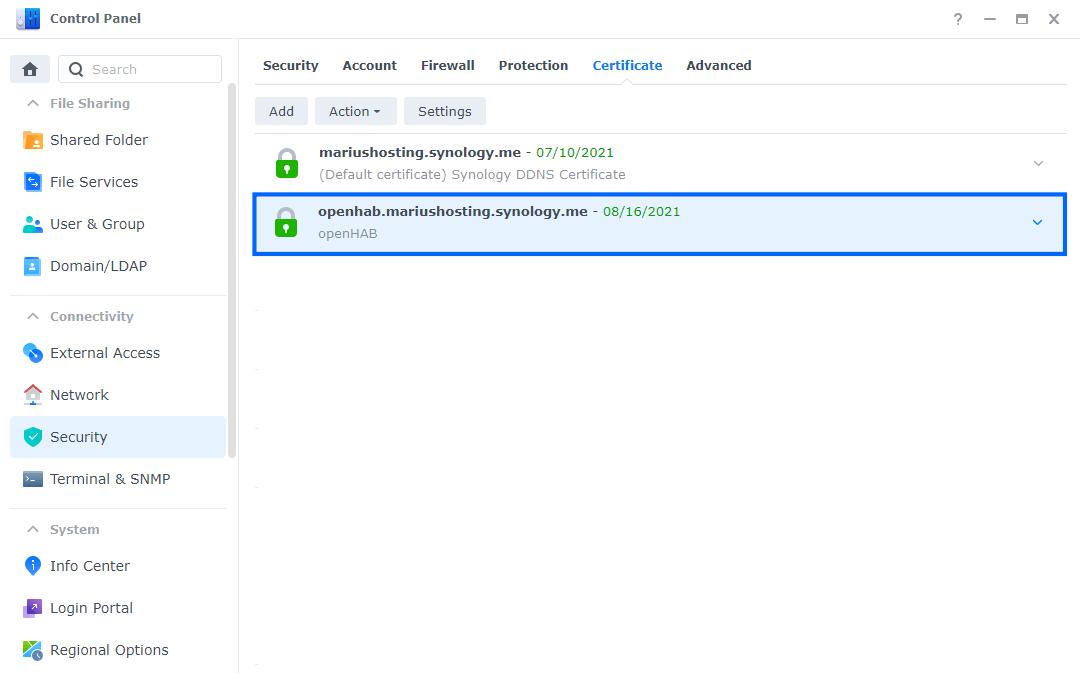 openHAB SSL Certificate set up Synology 5