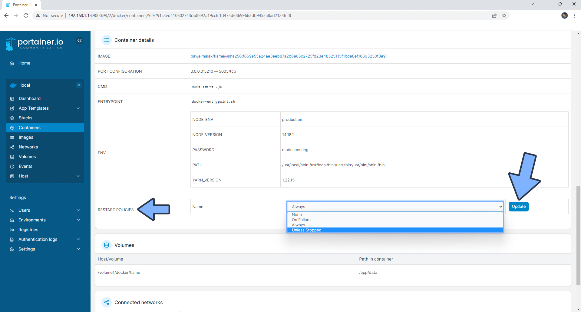 2 Synology Docker Containers Restart Policy