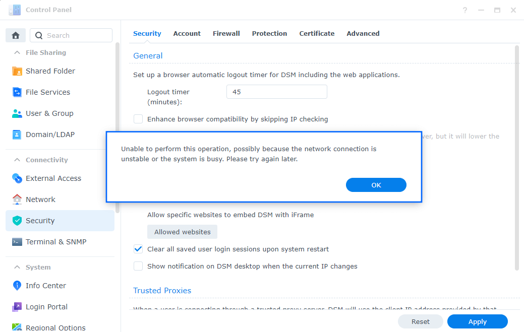 Unable to perform this operation, possibly because the network connection is unstable or the system is busy. Please try again later.