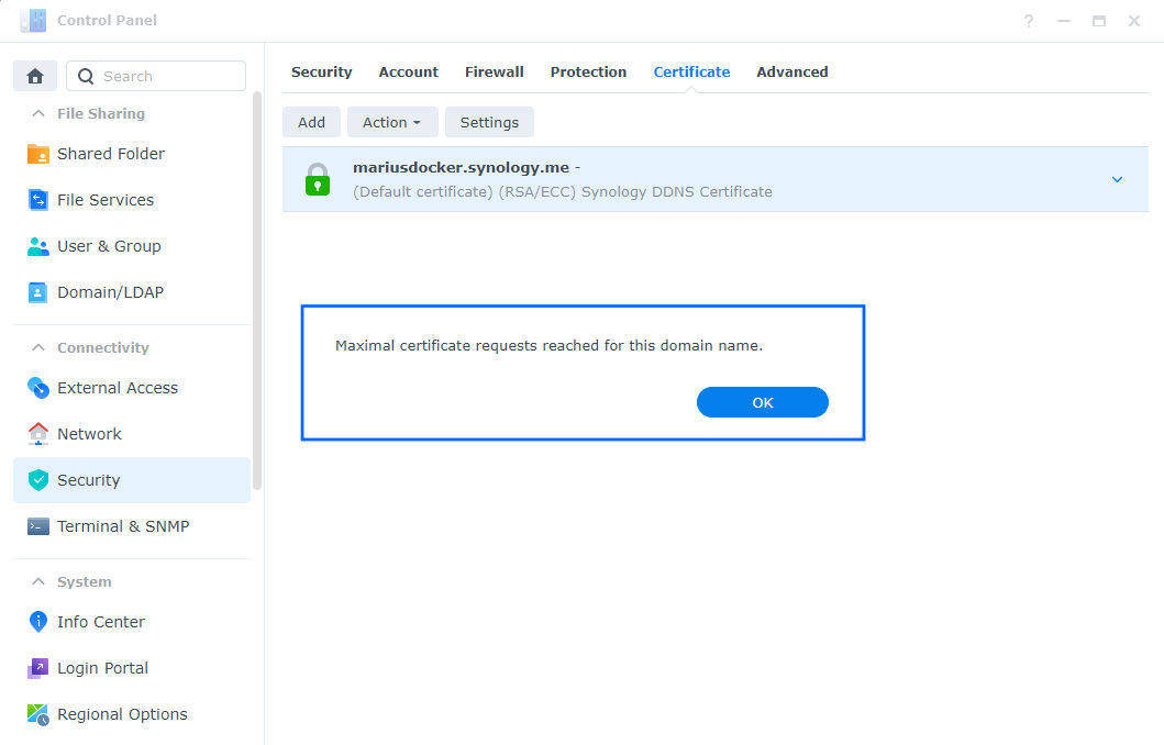 Synology Maximal Certificate Requests