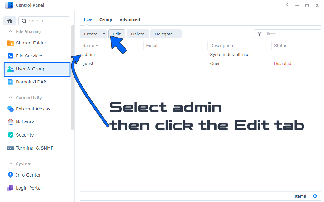 Synology disable admin account step 3