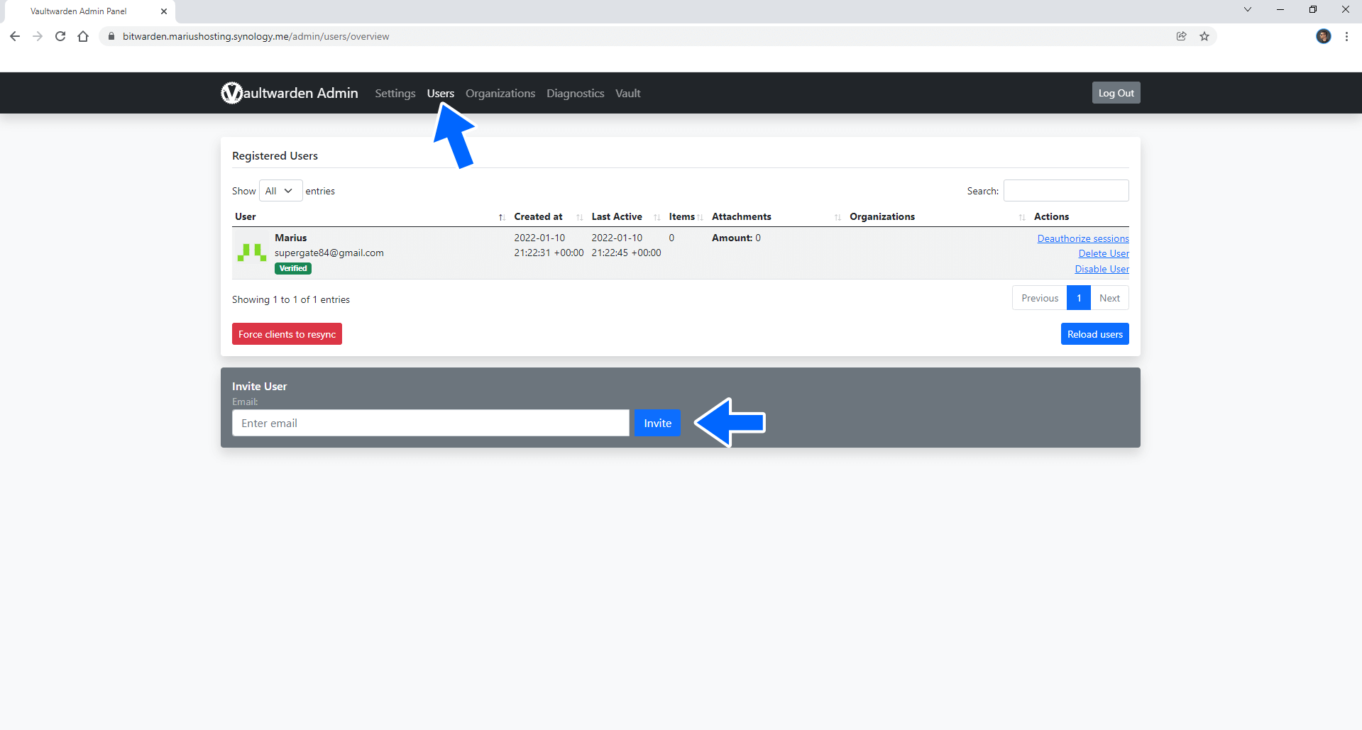 Synology Invite New Users in Bitwarden 5