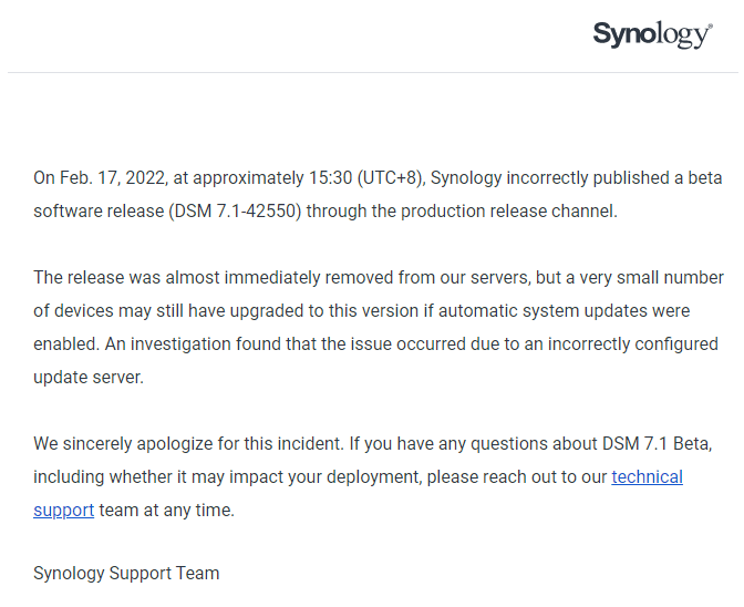 Synology Apology DSM 7.1-42550 Beta