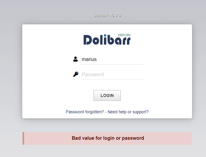 Dolibarr bad value for login or password