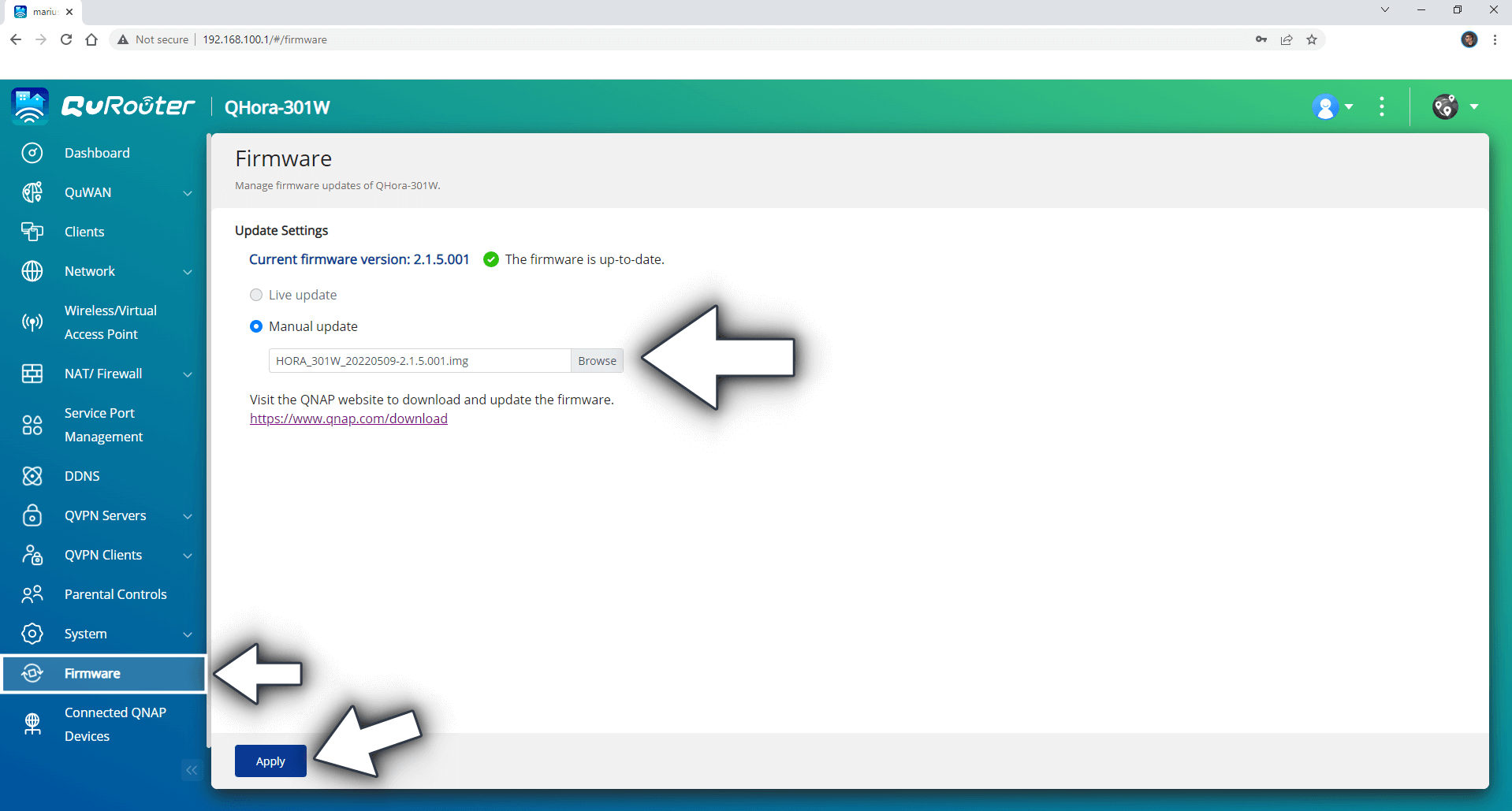 QNAP Update Firmware on QHora-301W Router 1