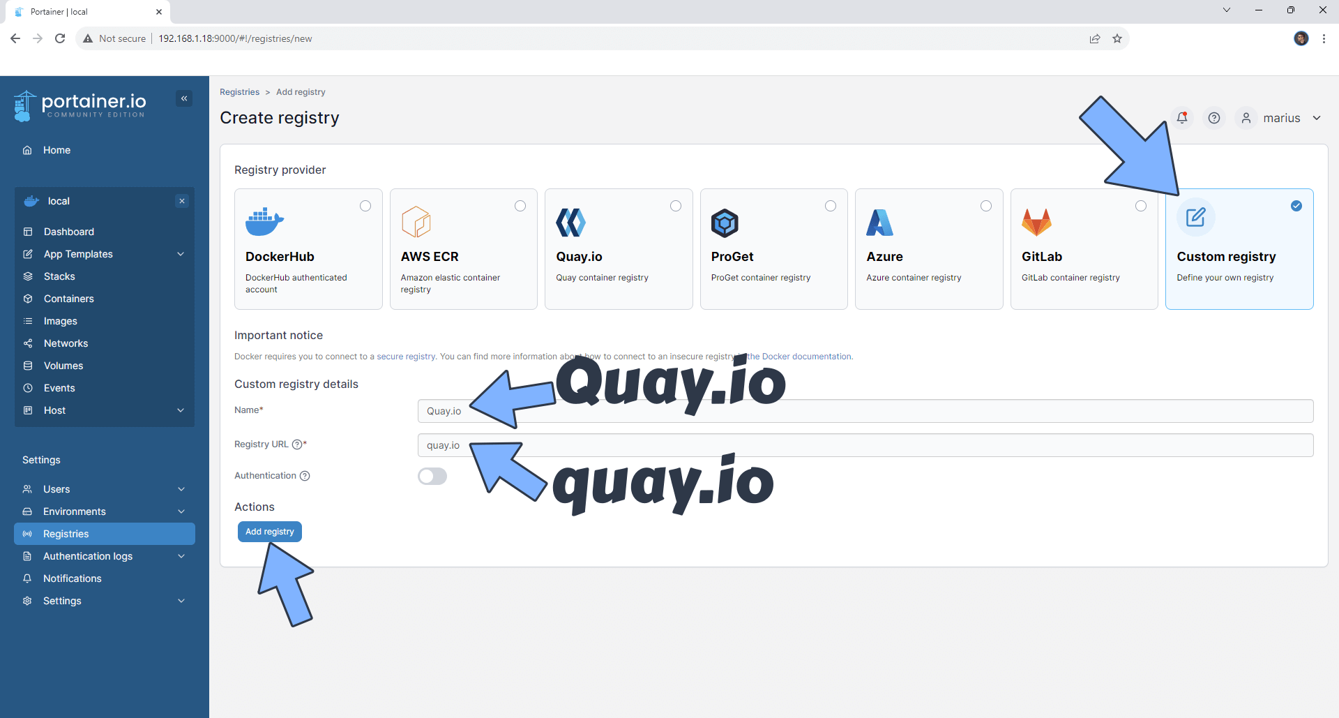 1 Portainer Synology Quay.io Registry