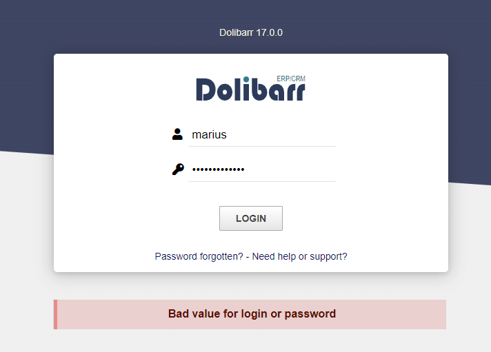 Dolibarr bad value for login or password new 2023