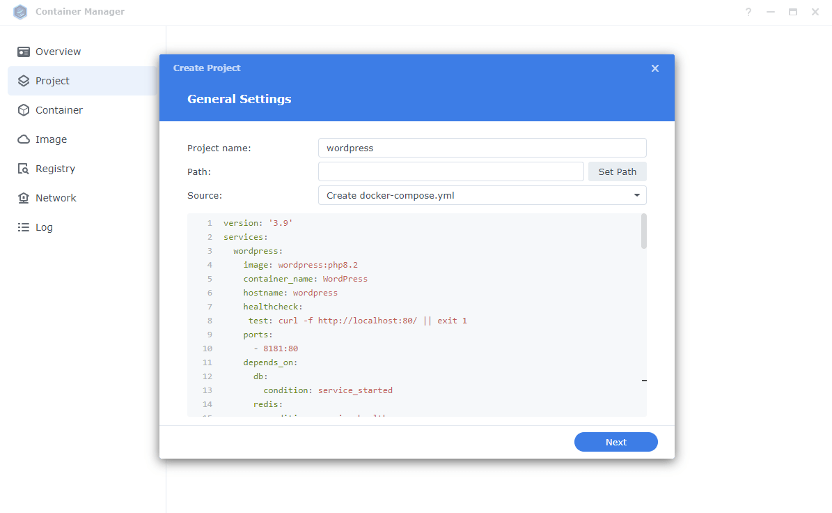 Synology Container Manager Docker Compose DSM 7.2